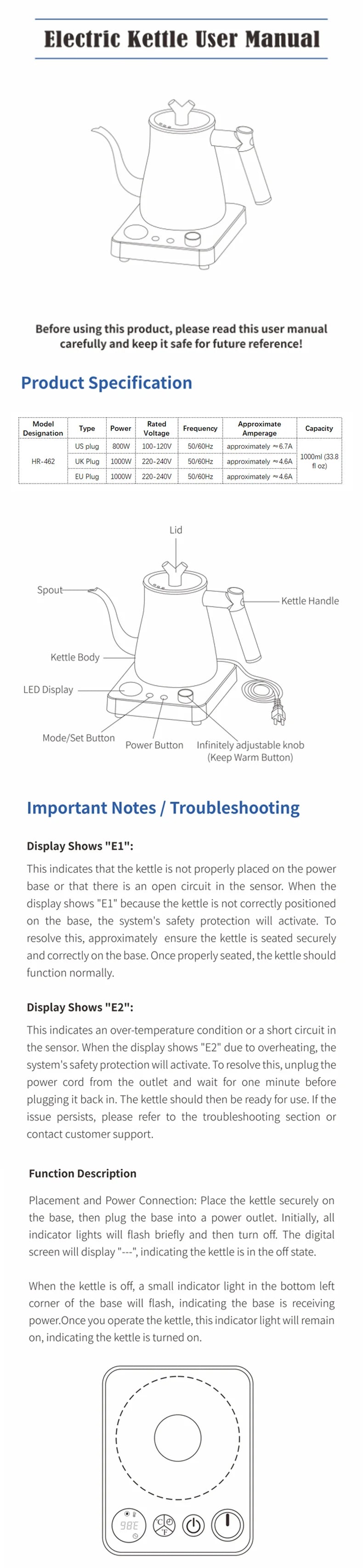 Bouilloire Électrique Intelligente 1000ml - Contrôle Température