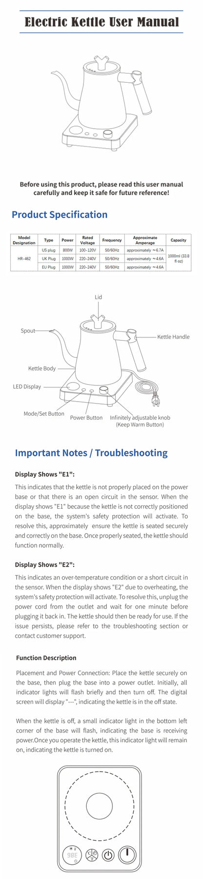Bouilloire Électrique Intelligente 1000ml - Contrôle Température