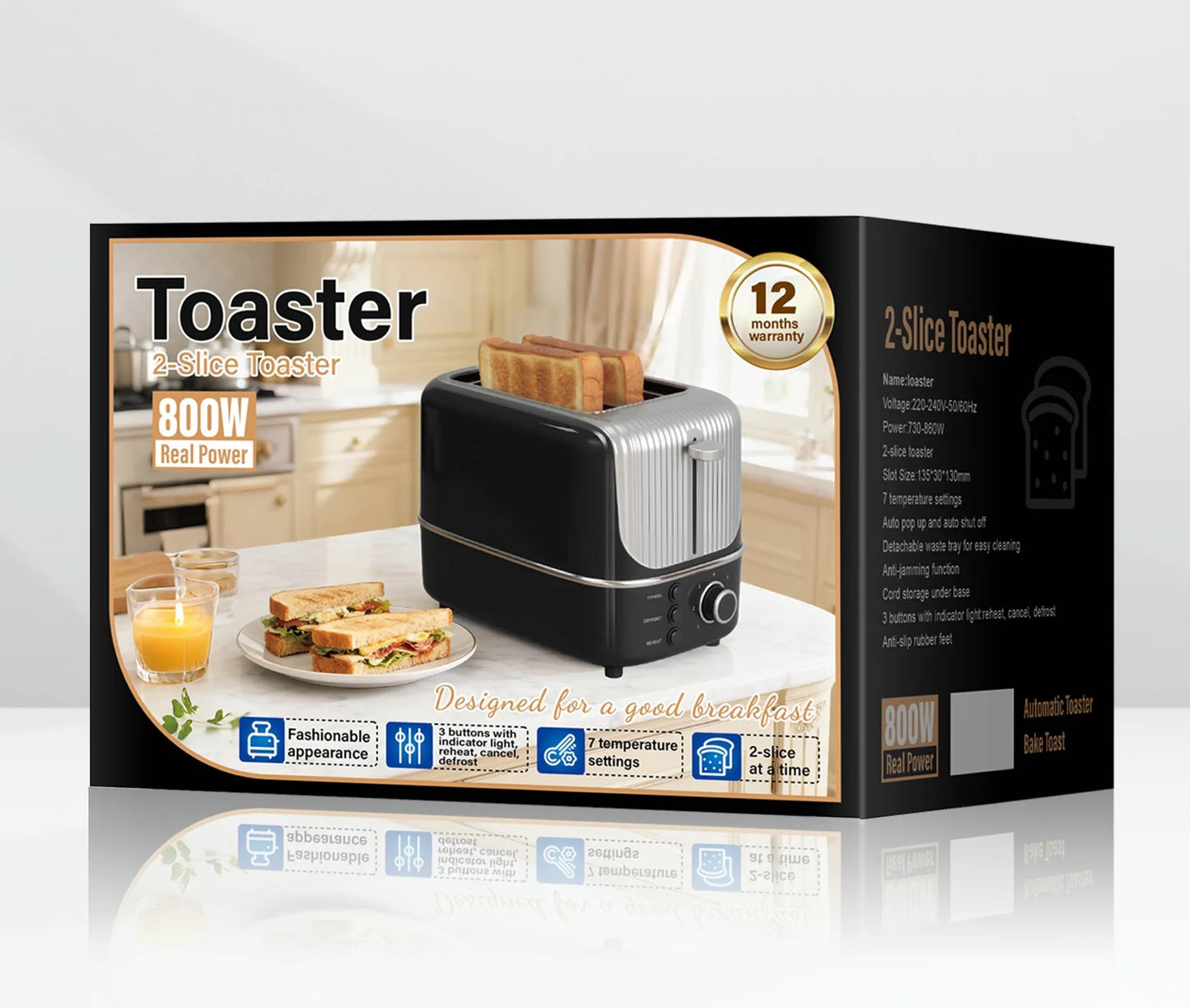 Grille-Pain 2 Tranches Large - 7 Températures et Dégivrage