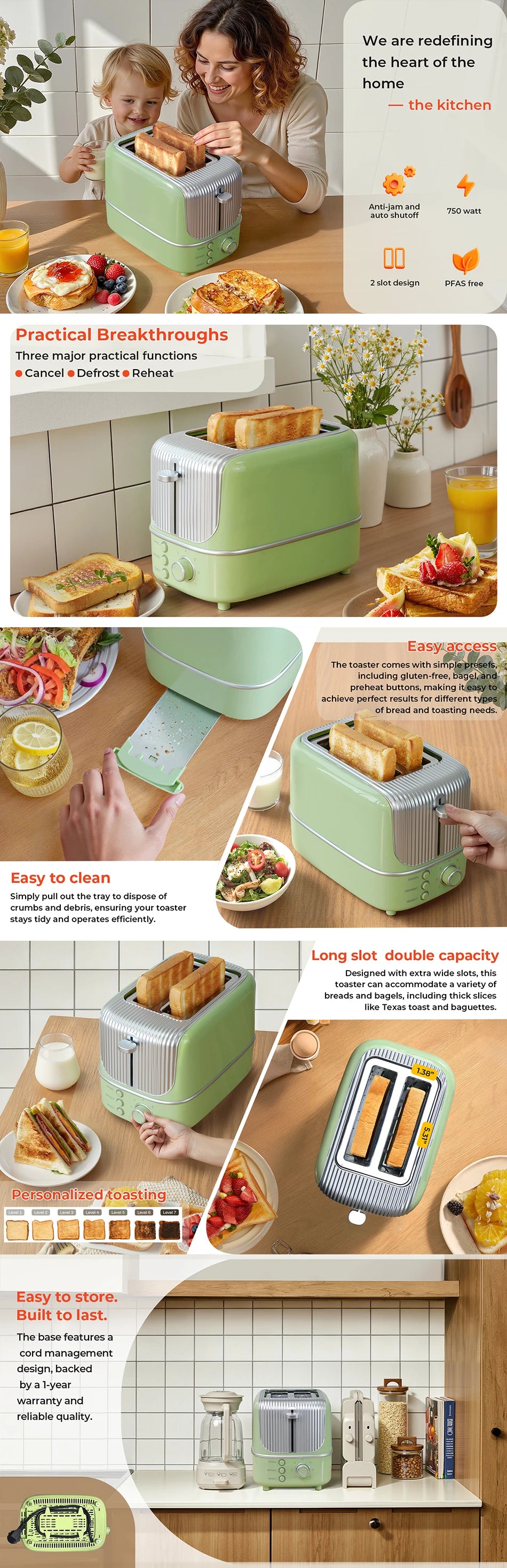 Grille-Pain 2 Tranches Large - 7 Températures et Dégivrage